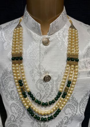 Cream And Green Beaded Kantha Mala