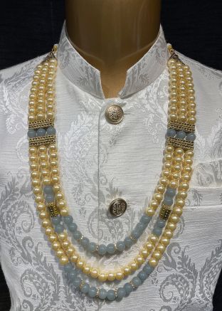 Cream And Grey Beaded Mens Kantha Mala
