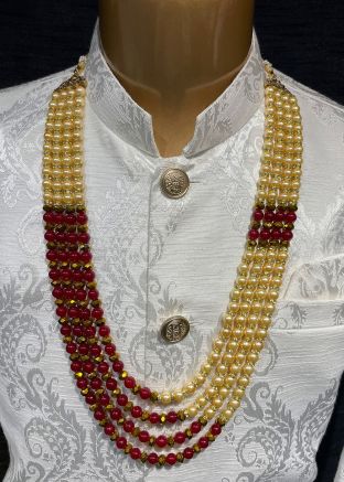 Cream And Maroon Beaded Groom Kantha Mala