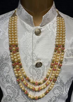 Cream Beaded Kantha Mala For Men
