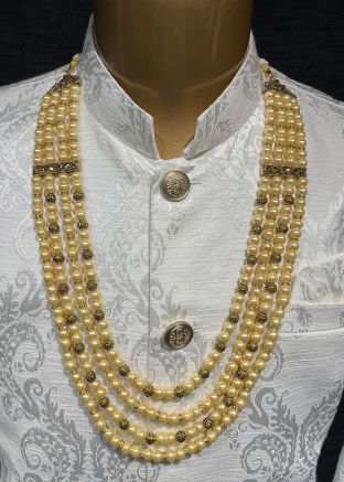 Cream Multi Layered Groom Beaded Kantha Mala