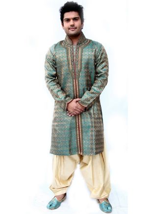Green Brocade Woven Readymade Kurta Dhoti Set