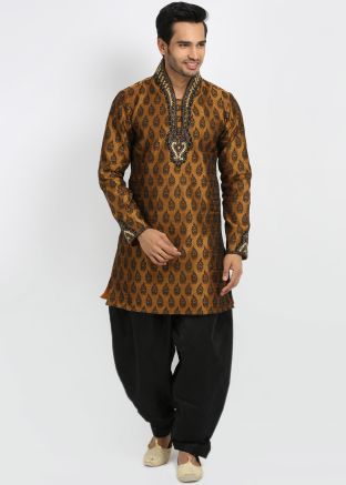 Readymade Brown Woven Brocade Kurta With Dhoti