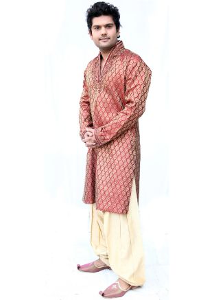 Red Brocade Readymade Embroidered Kurta Dhoti Set
