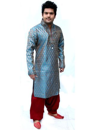 Blue Woven Brocade Readymade Kurta With Dhoti