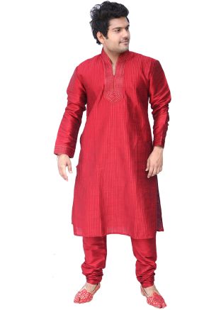 Red Readymade Art Silk Kurta With Churidar