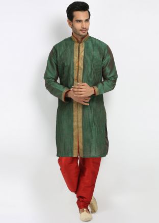 Readymade Green Art Silk Slit Style Kurta Churidar Set