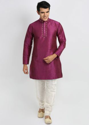 Magenta Art Silk Readymade Kurta With Churidar
