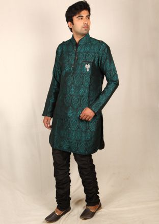 Green Readymade Woven Kurta With Breeches