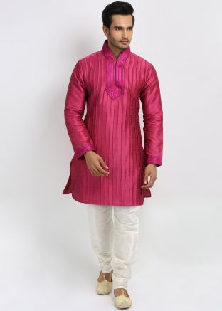 Pink Art Silk Readymade Pin Tucks Kurta Churidar Set