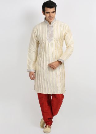 Cream Readymade Pin Tucks Kurta With Churidar