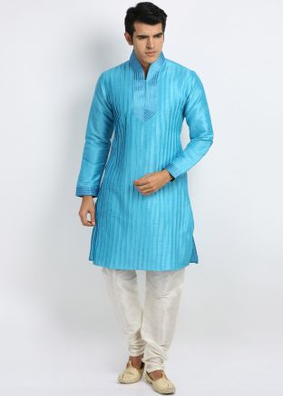 Blue Readymade Pin Tucks Kurta With Churidar