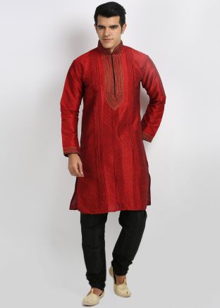 Red Art Silk Readymade Embroidered Kurta Churidar Set