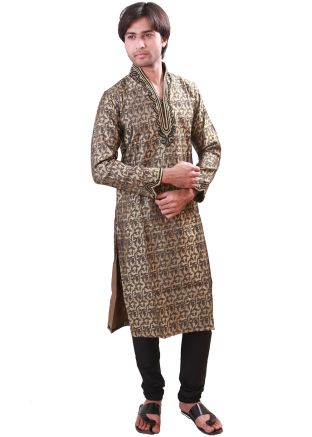 Beige Woven Brocade Readymade Kurta Churidar Set