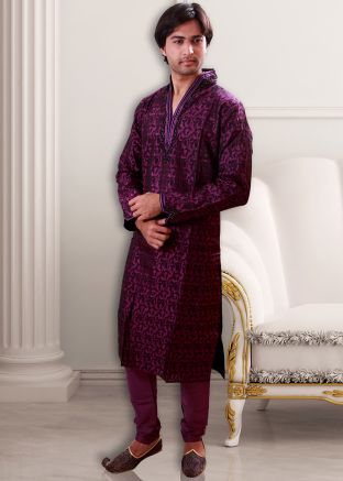 Purple Readymade Woven Kurta With Churidar
