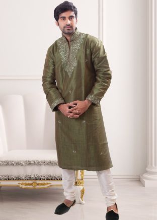 Green Readymade Embroidered Kurta Churidar Set