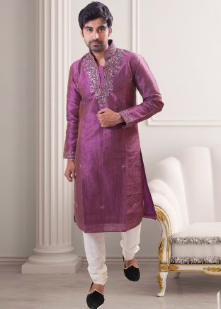 Purple Embroidered Readymade Kurta With Churidar