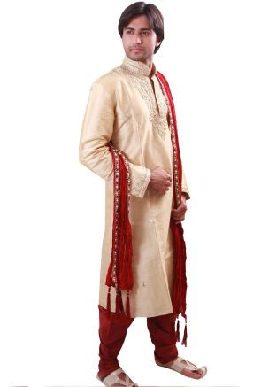 Cream Art Silk Embroidered Kurta With Churidar