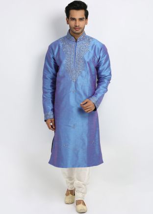 Blue Readymade Embroidered Kurta With Churidar