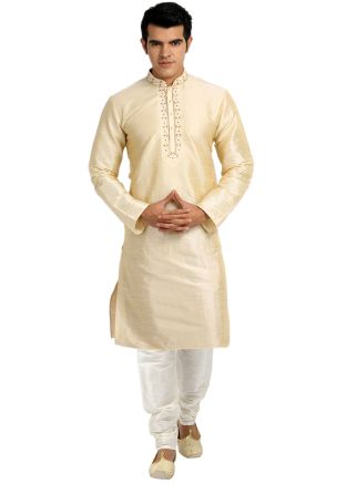 Readymade Cream Art Silk Kurta With Churidar