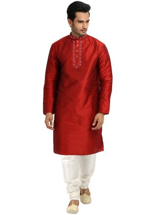 Red Art Silk Readymade Kurta With Churidar