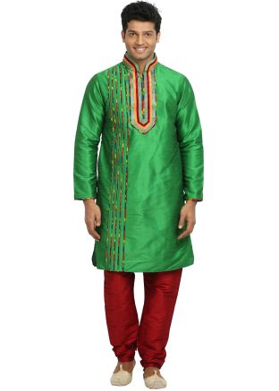 Green Readymade Thread Work Kurta Churidar Set