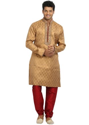 Golden Woven Brocade Readymade Kurta With Churidar