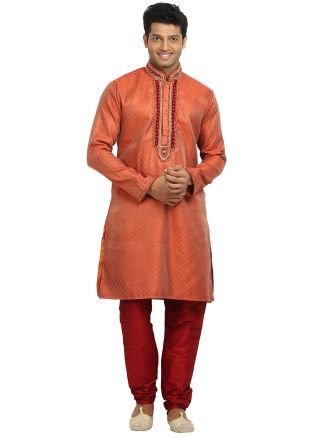 Orange Readymade Woven Brocade Kurta Churidar Set