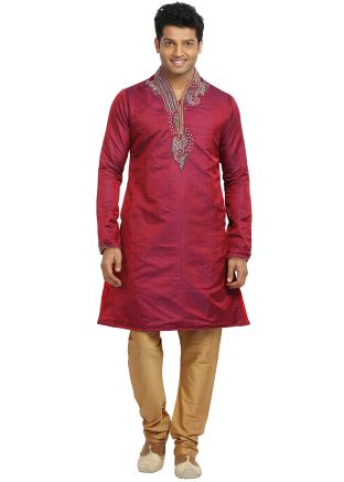 Maroon Embroidered Readymade Kurta Churidar Set