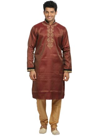 Maroon Woven Brocade Kurta With Churidar