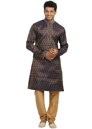 Navy Blue Brocade Woven Kurta Churidar Set