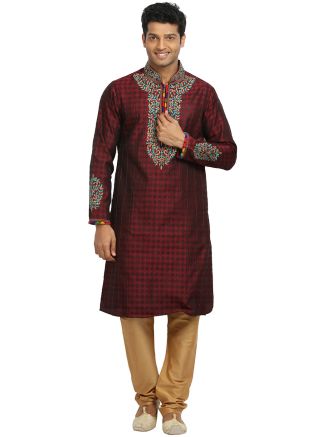 Maroon Readymade Embroidered Kurta Churidar Set