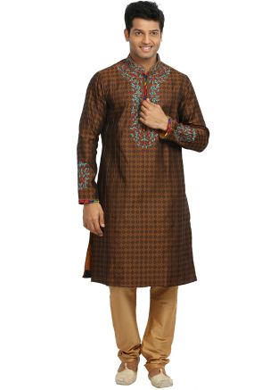 Brown Embroidered Readymade Kurta With Churidar