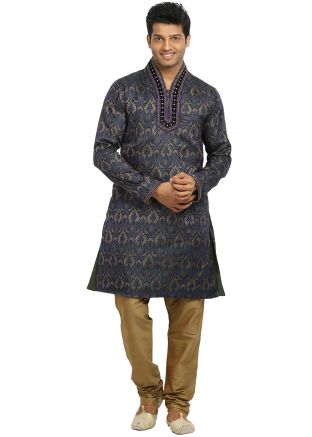 Blue Readymade Woven Brocade Kurta Churidar Set