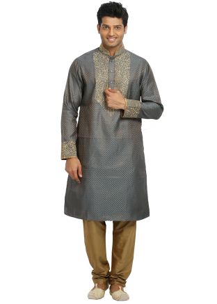 Readymade Grey Embroidered Kurta With Churidar