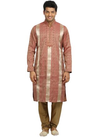 Peach Woven Brocade Readymade Kurta Churidar Set