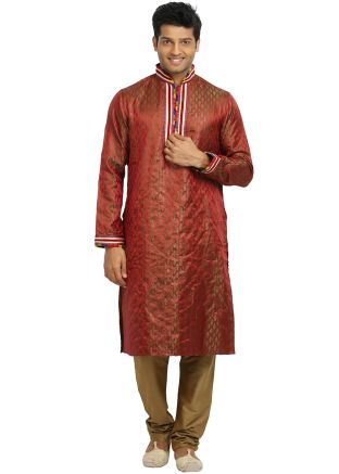 Red Readymade Woven Brocade Kurta With Churidar