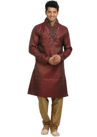 Maroon Embroidered Readymade Kurta Churidar Set