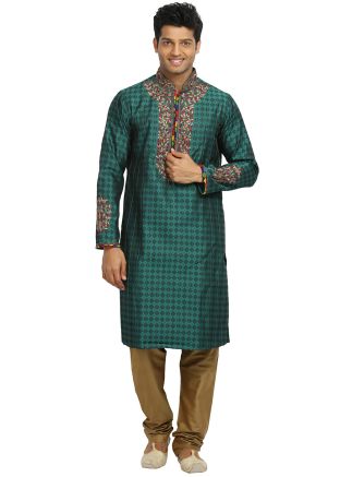 Green Brocade Embroidered Kurta With Churidar