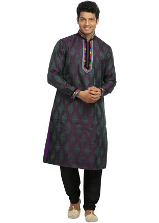 Purple Readymade Woven Kurta With Churidar