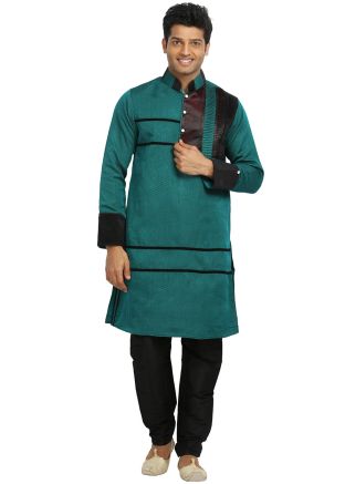 Green Woven Brocade Readymade Kurta Churidar Set