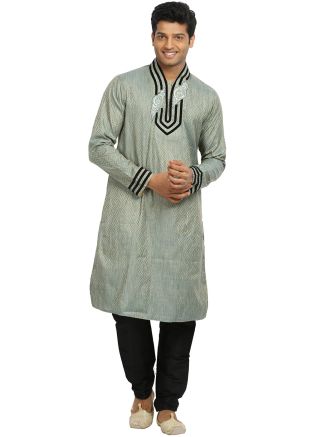 Grey Readymade Woven Brocade Kurta With Churidar