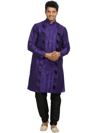 Blue Art Silk Readymade Kurta With Churidar
