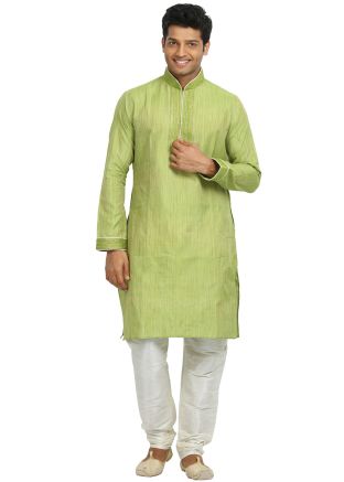 Green Cotton Silk Readymade Kurta With Churidar