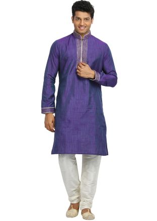 Blue Readymade Cotton Silk Kurta With Churidar