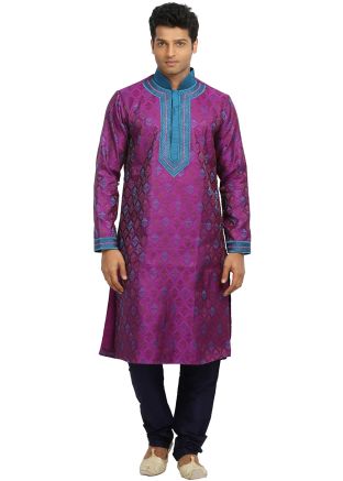 Purple Brocade Woven Readymade Kurta Churidar Set