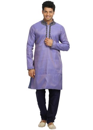 Readymade Blue Brocade Woven Kurta With Churidar