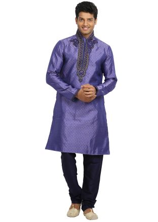 Blue Readymade Embroidered Kurta With Churidar