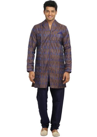 Brown Woven Brocade Slit Style Kurta Churidar Set