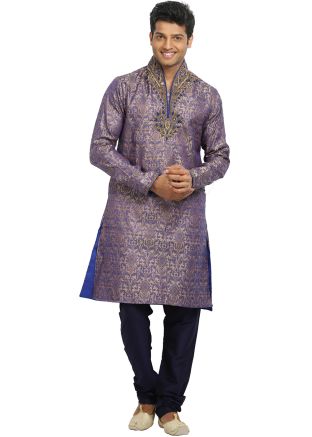 Readymade Blue Brocade Woven Kurta With Churidar